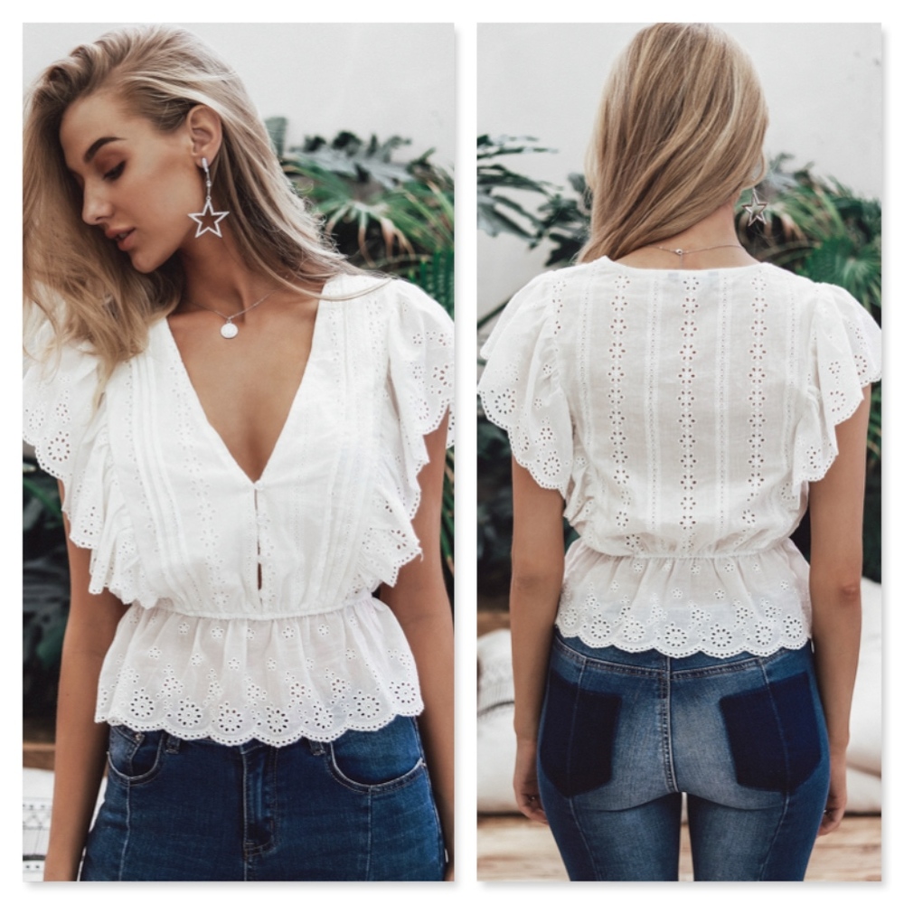 White Eyelet Ruffle Detail V-Neck Buttoned Top - Picture 3 of 8